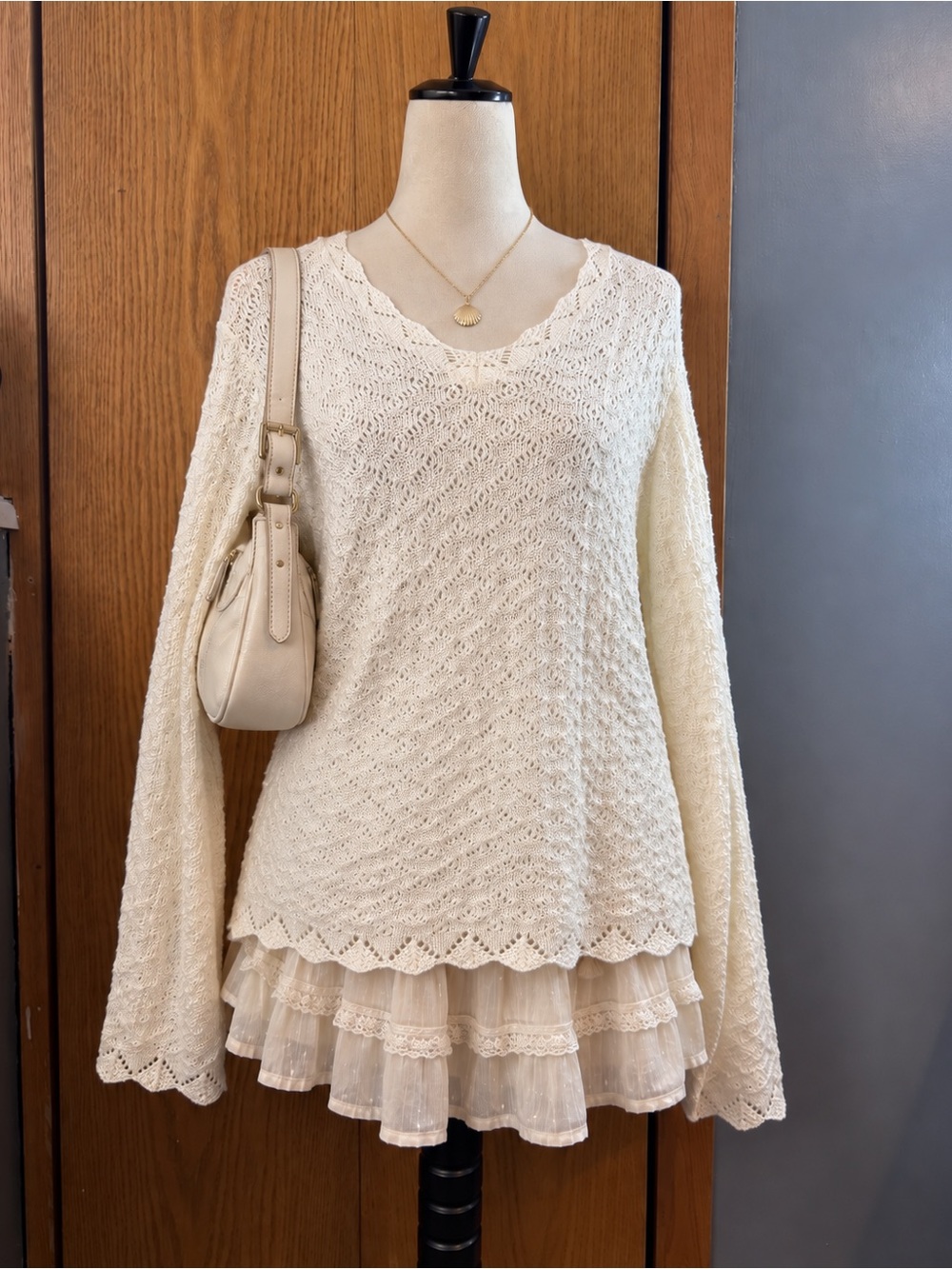 Worthington Essentials Cream Open Knit Crochet Sweater Top Large Made in USA